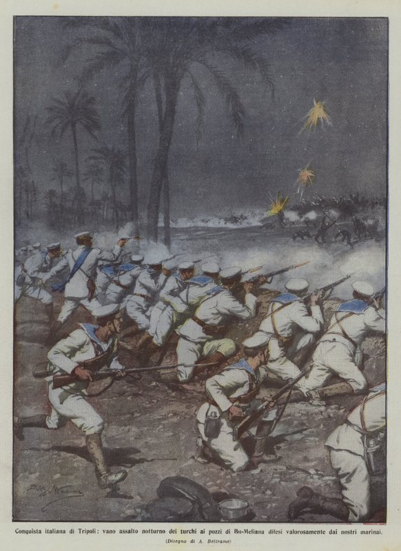 Italiensk erövring av Tripoli, ett fåfängt nattangrepp av turkarna på de försvarade brunnarna i Bu-Meliana? av Achille Beltrame