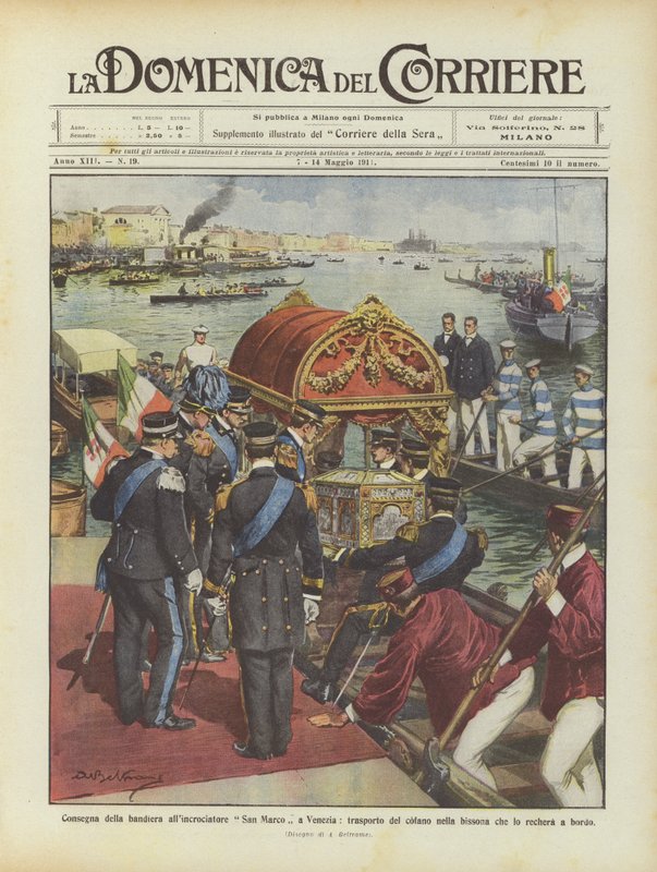 Leverans av flaggan till kryssaren San Marco i Venedig, transport av motorhuven i bissona? av Achille Beltrame