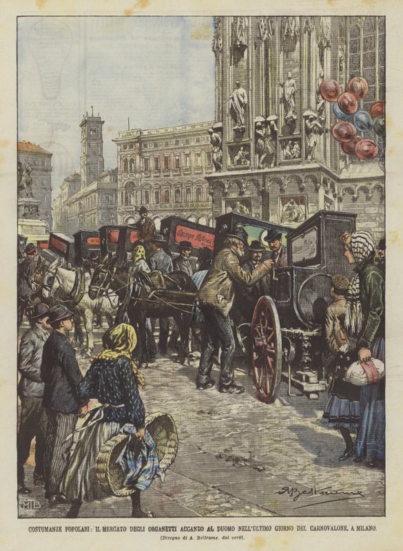 Costumanze Popular, Organet Market bredvid Duomo på Carnovalones sista dag, i Milano av Achille Beltrame