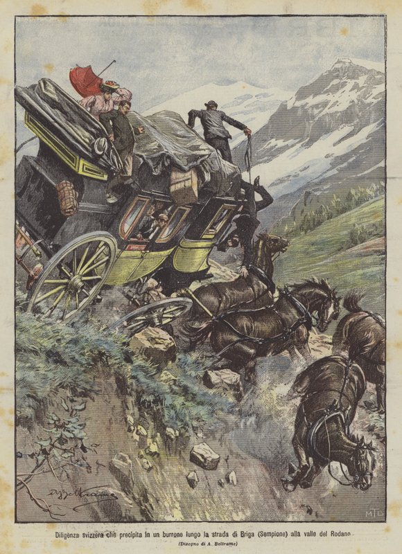 Schweizisk diligens störtar ner i en ravin längs vägen från Brig (Simplon) till Rhônedalen av Achille Beltrame