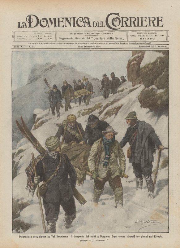 Olycklig alpin resa i Val Brembana, transporten av de sårade till Bergamo efter tre kvar? av Achille Beltrame