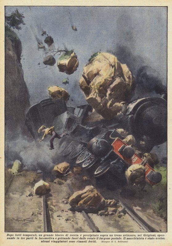 Efter kraftiga stormar föll ett stort stenblock ovanpå ett schweiziskt tåg? av Achille Beltrame
