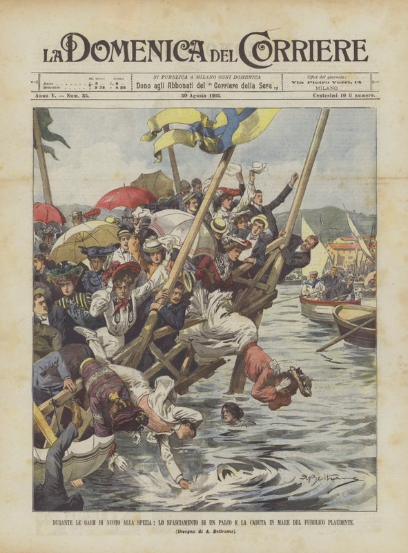 Under simtävlingarna i La Spezia, kollapsen av en scen och fall i havet för den applåderande allmänheten av Achille Beltrame