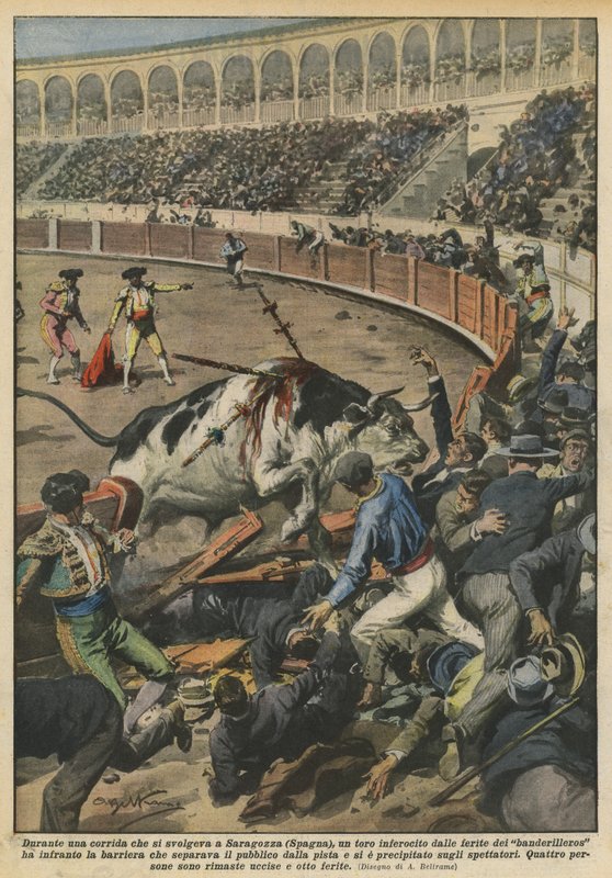 Under en tjurfäktning som ägde rum i Zaragoza (Spanien) blev en tjur arg på såren av? av Achille Beltrame