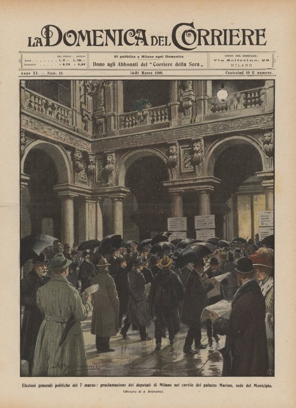 Allmänna politiska val den 7 mars, proklamation av deputerade i Milano på gården av? av Achille Beltrame