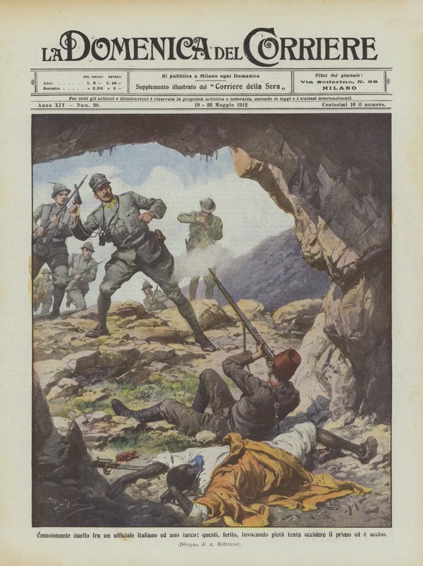 Spännande duell mellan en italiensk och en turkisk officer, den sistnämnde, sårad, åberopande pieta frestelse? av Achille Beltrame