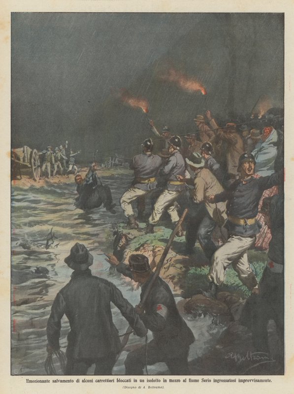 Spännande räddning av några åkare strandsatta i en holme mitt i floden Serio? av Achille Beltrame