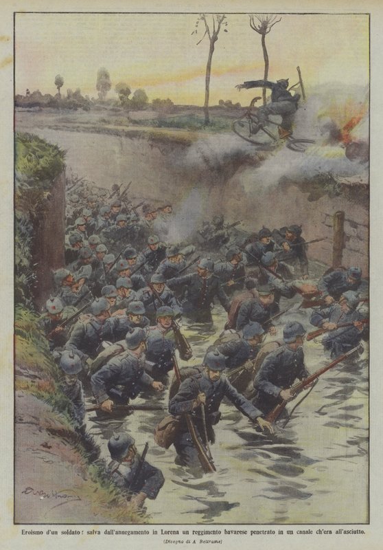 En soldats hjältemod, rädda ett penetrerat bayerskt regemente från att drunkna i Lorraine? av Achille Beltrame