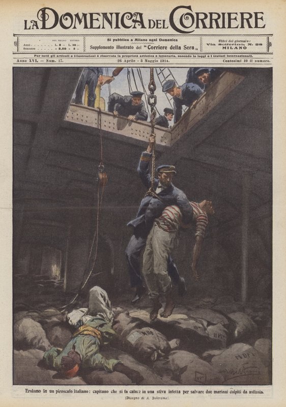 Hjältemod i en italiensk ångbåt, en kapten som låter sig sänkas ner i ett infekterat lastrum för att rädda två? av Achille Beltrame