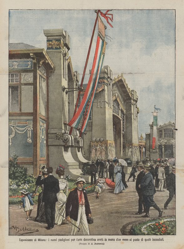Milan Exposition, de nya paviljongerna för dekorativ konst uppförda på mindre än en månad på plats? av Achille Beltrame