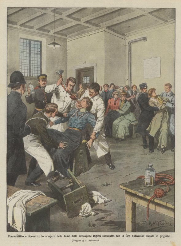 Heroisk-komisk feminism, de brittiska suffragisternas hungerstrejk avbruten med deras? av Achille Beltrame