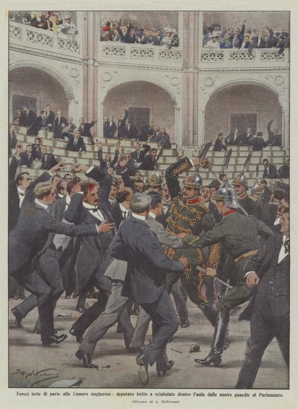 Hårda partisanstrider i den ungerska kammaren, ställföreträdare sårad av sablar i rättssalen av? av Achille Beltrame
