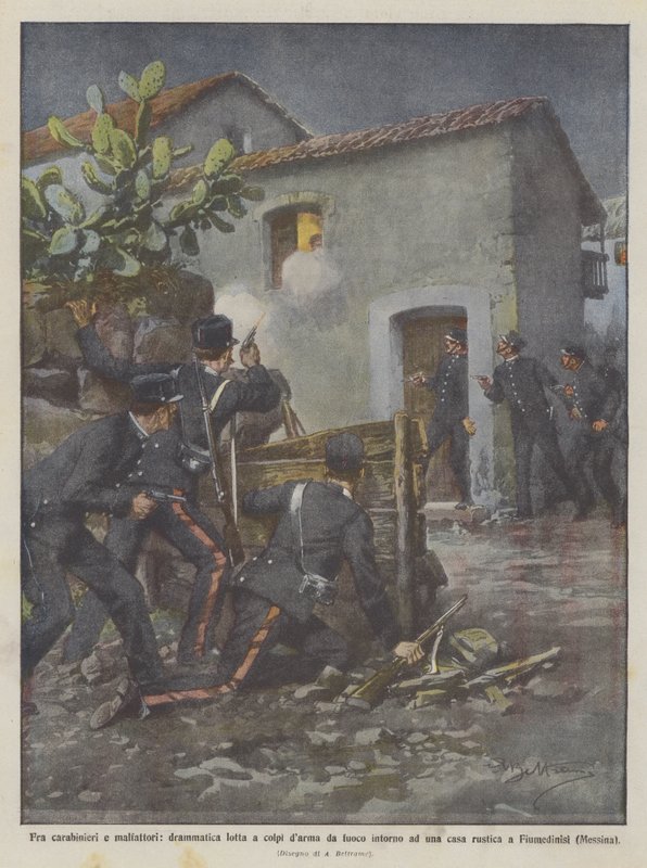 Mellan carabinieri och brottslingar, ett dramatiskt slagsmål med skott runt ett rustikt hus? av Achille Beltrame