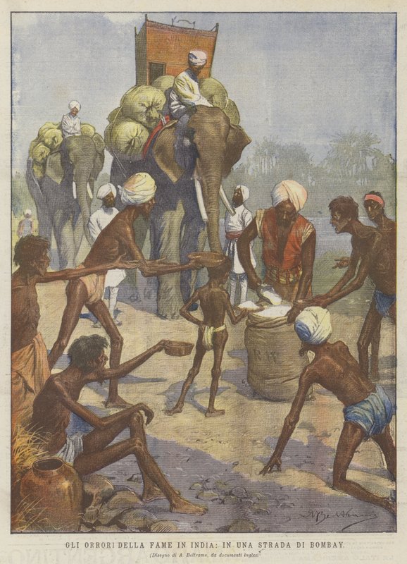 Hungerns fasor i Indien, på en Bombay Street (färg litho) av Achille Beltrame