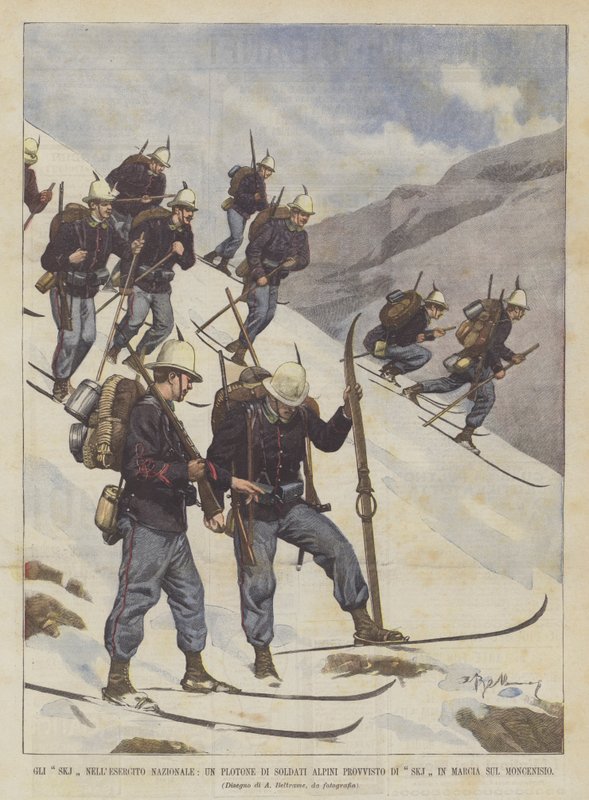 SKJs i National Army, en pluton alpina soldater utrustad med SKJs som marscherar på Mont Cenis av Achille Beltrame