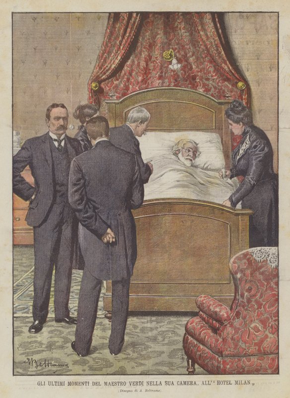 De sista ögonblicken av Maestro Verdi i hans rum, på Hotel Milano av Achille Beltrame