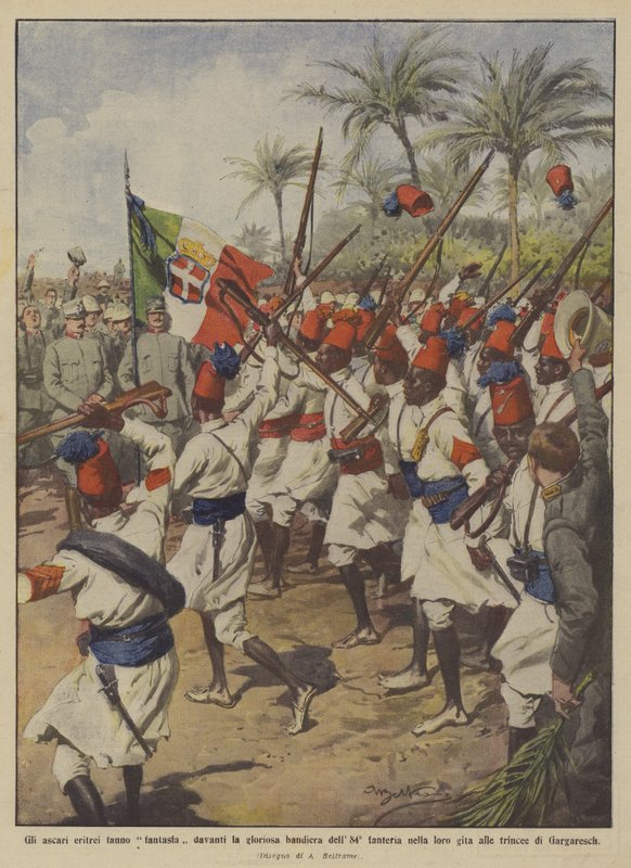 De eritreanska askarierna fantiserar framför det 84:e infanteriets härliga flagga på sin utflykt? av Achille Beltrame