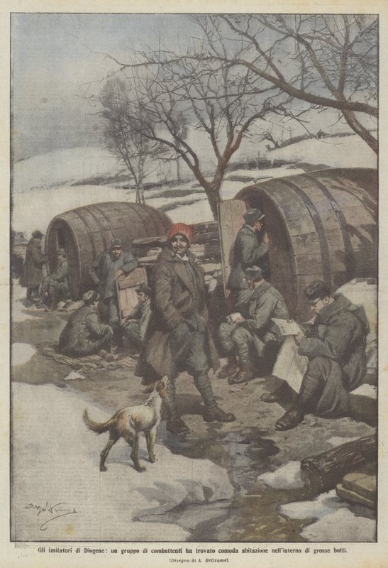 Imitatörerna av Diogenes, en grupp kämpar hittade ett bekvämt hem inuti stora tunnor av Achille Beltrame