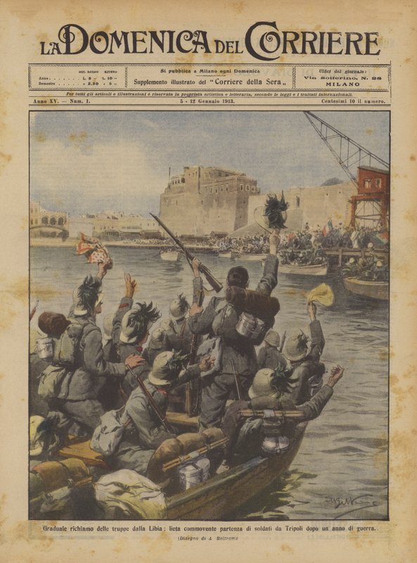 Gradvis återkallande av trupper från Libyen, glad och rörande avgång av soldater från Tripoli efter ett år av krig av Achille Beltrame