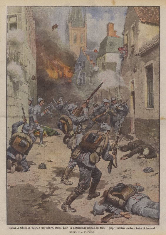 Knivkrig i Belgien, i byarna nära Liège försvarar befolkningen sina egna tänder med tänderna? av Achille Beltrame