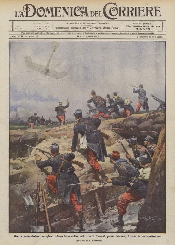 State-of-the-art krigföring, tyskt flygplan släpptes i franska skyttegravar, nära Soissons? av Achille Beltrame