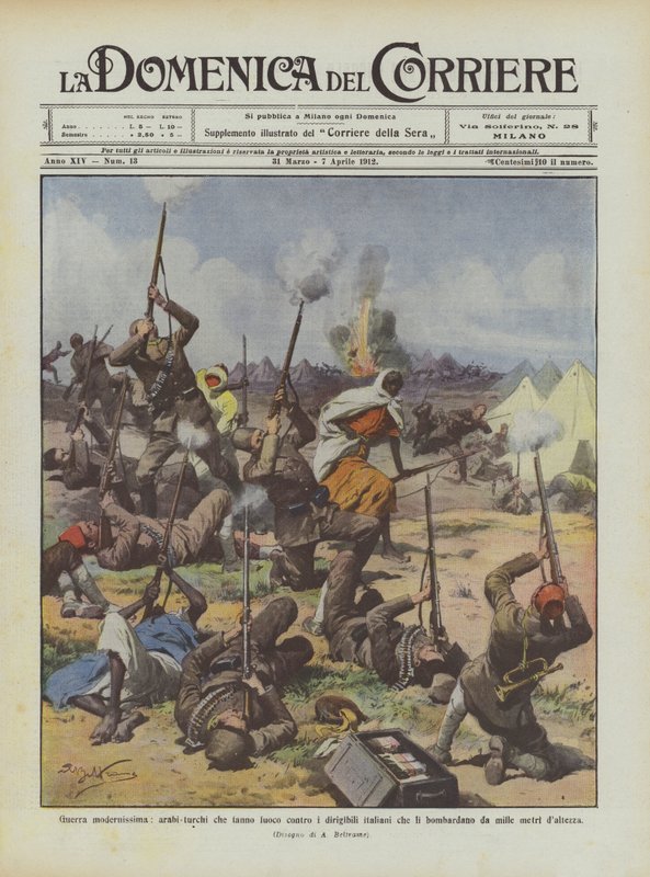 Toppmodern krigföring, arab-turkar som skjuter mot de italienska dirigiblerna som bombar dem? av Achille Beltrame