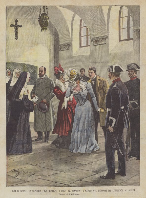 Fallen av Spanien, Miss Ubao Force riven från klostret, i Madrid, var var hon för? av Achille Beltrame