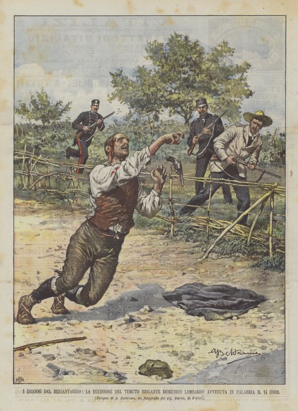 Brigandadrama, dödandet av den fruktade briganden Domenico Lombardo i Kalabrien den 14 Corr. av Achille Beltrame