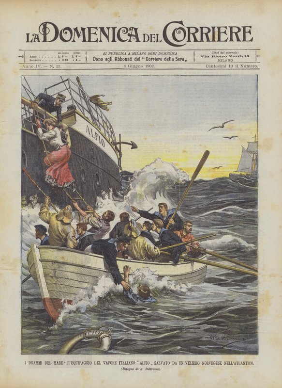 I Drammi Del Mare, besättningen på den italienska ångbåten Alfio räddad från ett norskt segelfartyg i Atlanten av Achille Beltrame