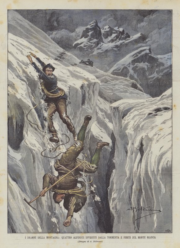 Bergets dramatik, fyra alpinister drabbade av snöstormen och experter på Mont Blanc av Achille Beltrame