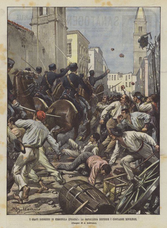 Cerignolas allvarliga störningar (Foggia), kavalleriet skingrar de revolterande bönderna av Achille Beltrame