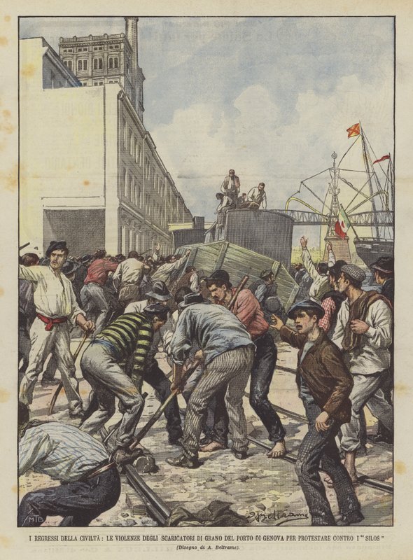 Civilisationens regresser, spannmålsavlastarnas våld i Genuas hamn för att protestera mot silorna av Achille Beltrame