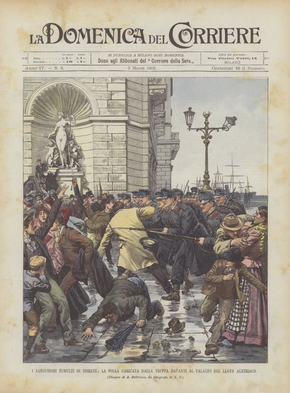 De blodiga upploppen i Trieste, folkmassan laddad av truppen framför det österrikiska Lloyd Palace av Achille Beltrame