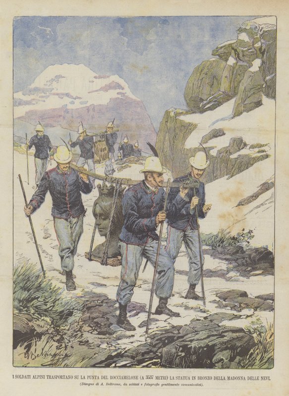 De alpina soldaterna bär bronsstatyn av? av Achille Beltrame