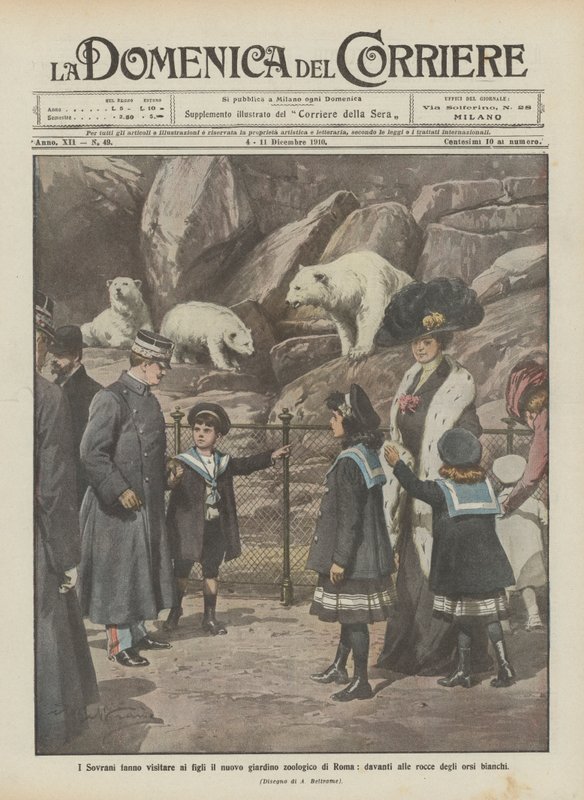 Suveränerna lät sina barn besöka den nya zoologiska trädgården i Rom, framför isbjörnarnas klippor av Achille Beltrame