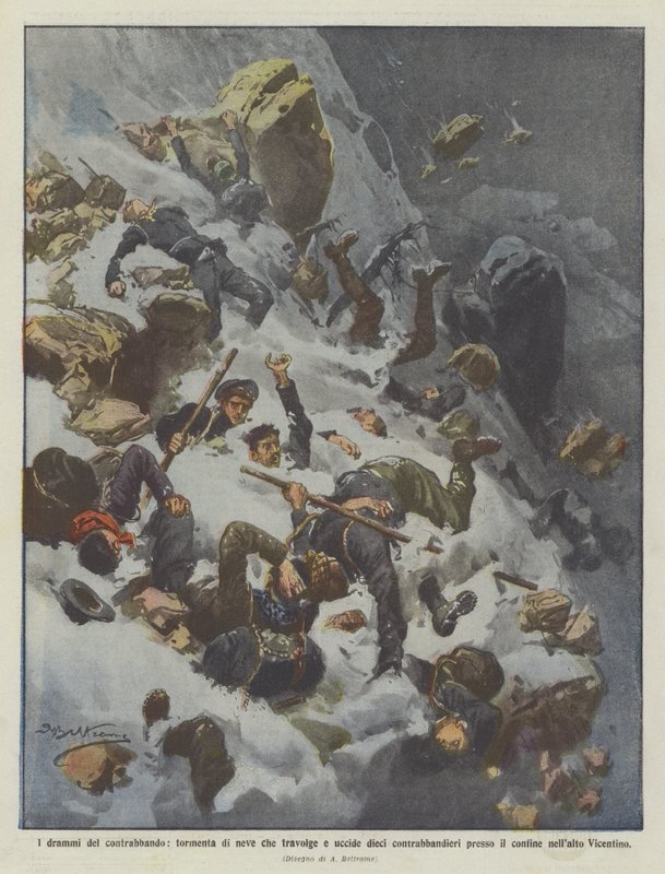 Smugglingens tragedi, snöstorm som överväldigar och dödar tio smugglare vid? av Achille Beltrame