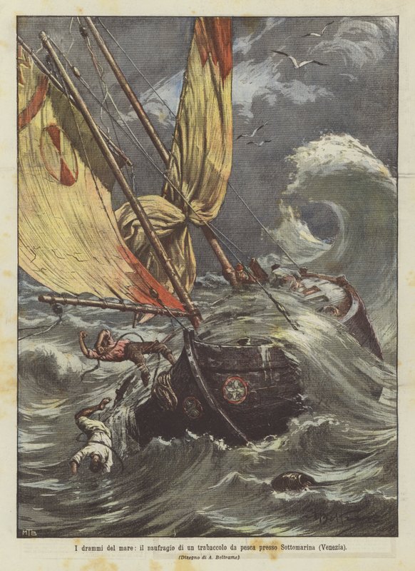 Havets dramer, skeppsbrottet av en fiskeluggare nära Sottomarina (Venedig) av Achille Beltrame
