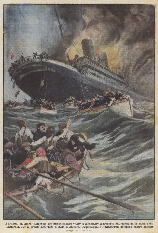 Havets tragedier, elden från oceanlinjen City of Honolulu, tre hundra kilometer från? av Achille Beltrame