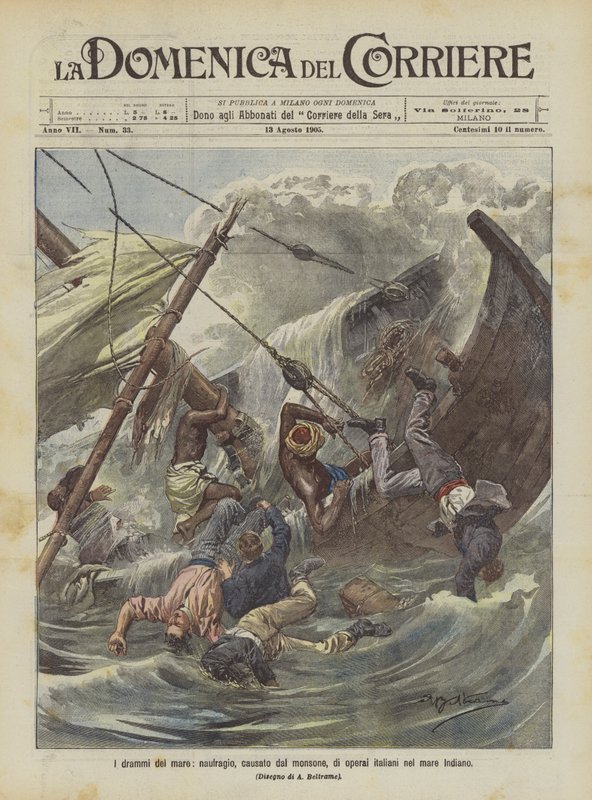 Havets drama, skeppsbrott, orsakat av monsunen, av italienska arbetare i Indiska havet av Achille Beltrame