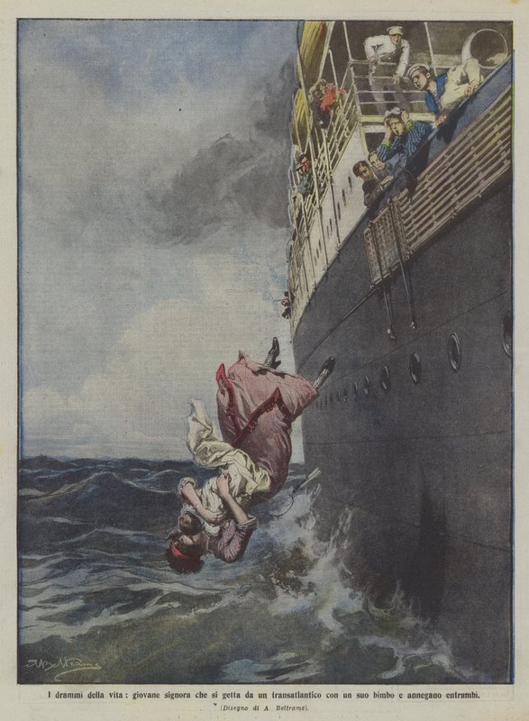 Livets dramer, en ung dam som kastar sig från en oceanångare med sin bebis och båda drunknar av Achille Beltrame