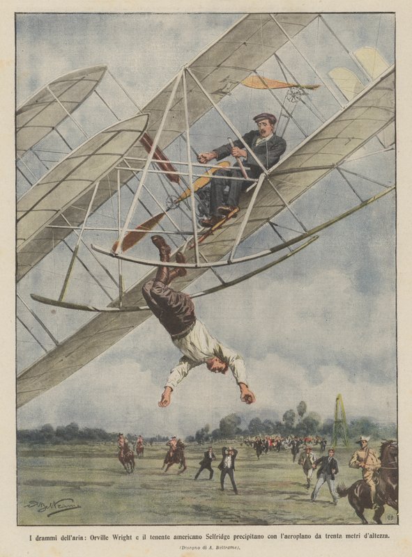Flygdrama, Orville Wright och amerikanske löjtnant Selfridge kraschar med flygplanet? av Achille Beltrame