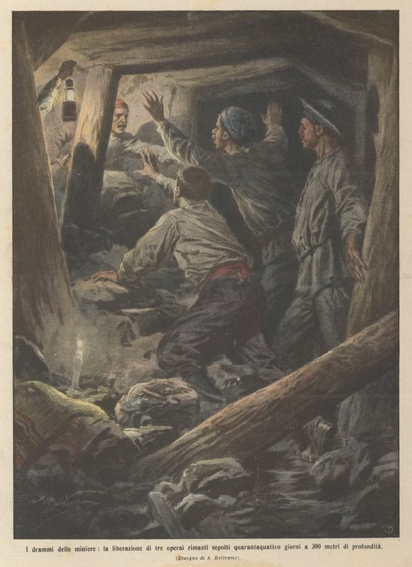 Gruvornas tragedier, frigivningen av tre arbetare som begravdes fyrtiofyra dagar vid 300? av Achille Beltrame