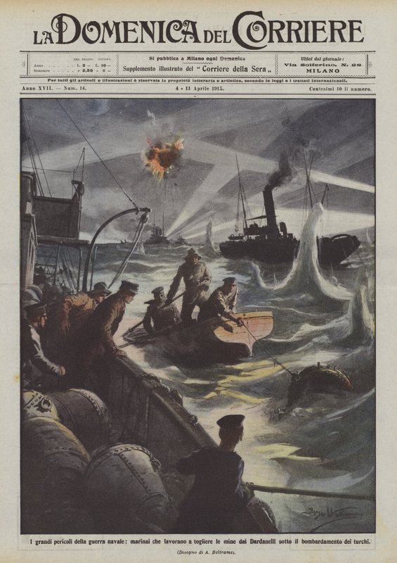De stora farorna med sjökrigföring, sjömän som arbetar för att rensa minor från Dardanellerna? av Achille Beltrame