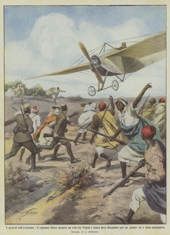 Farorna med flyget, måste kapten Moizo gå ner under en flygning mellan Tripoli och Zuara? av Achille Beltrame