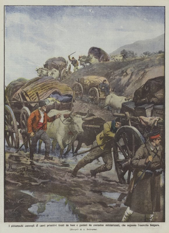 De pittoreska konvojerna av primitiva oxdragna vagnar som körs av militariserade bönder? av Achille Beltrame
