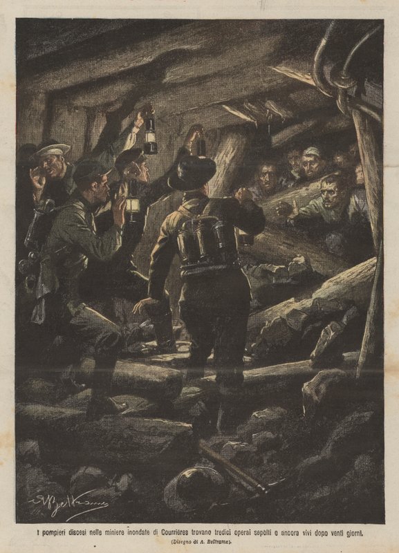 Brandmännen som gick ner i de översvämmade gruvorna i Courrieres hittar tretton arbetare begravda och mer? av Achille Beltrame