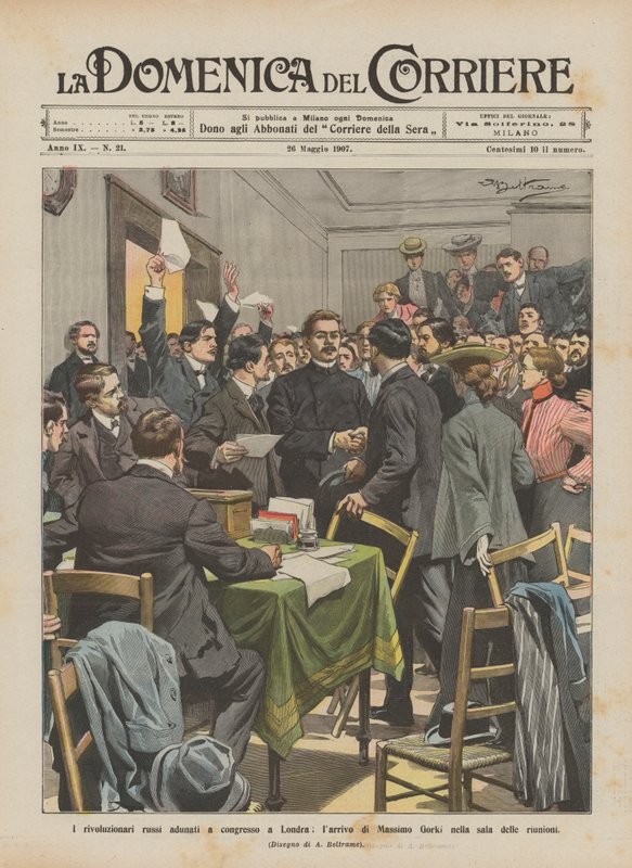 De ryska revolutionärerna samlades vid kongressen i London, Massimo Gorkis ankomst till mötesrummet av Achille Beltrame