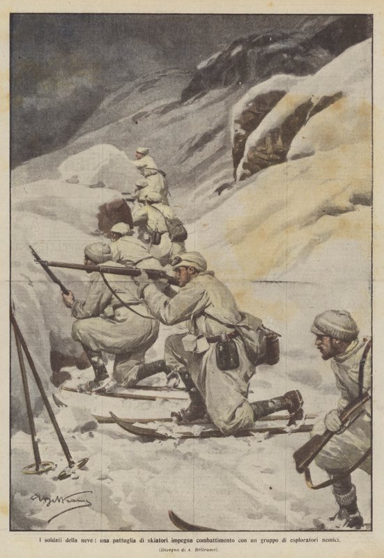 The Snow Soldiers, en skidåkarpatrull inleder strid med en grupp fiendescouter av Achille Beltrame