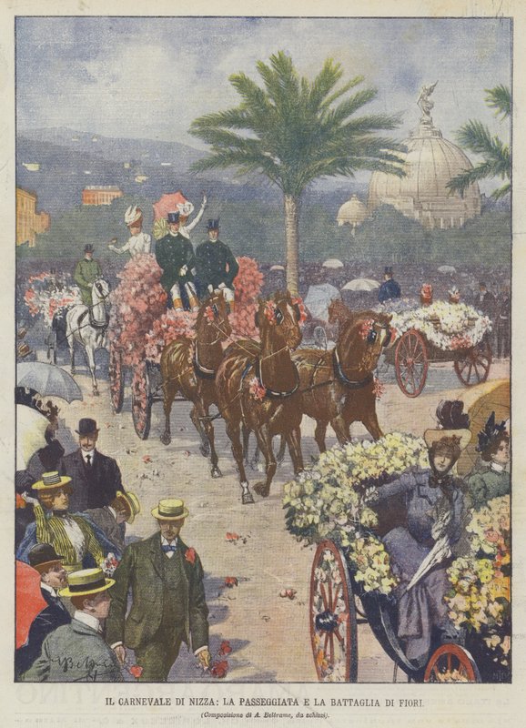 Den trevliga karnevalen, promenaden och slaget om blommor av Achille Beltrame