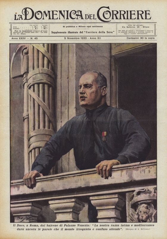 Il Duce, i Rom, från balkongen på Palazzo Venezia, kommer vår latinska och medelhavsras fortfarande att ge? av Achille Beltrame